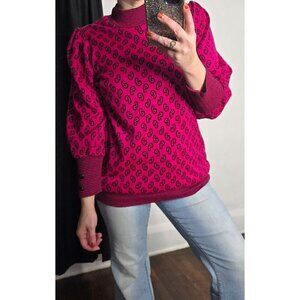 Vintage 80s Hot Pink Black Puff Sleeve Funky Sweater